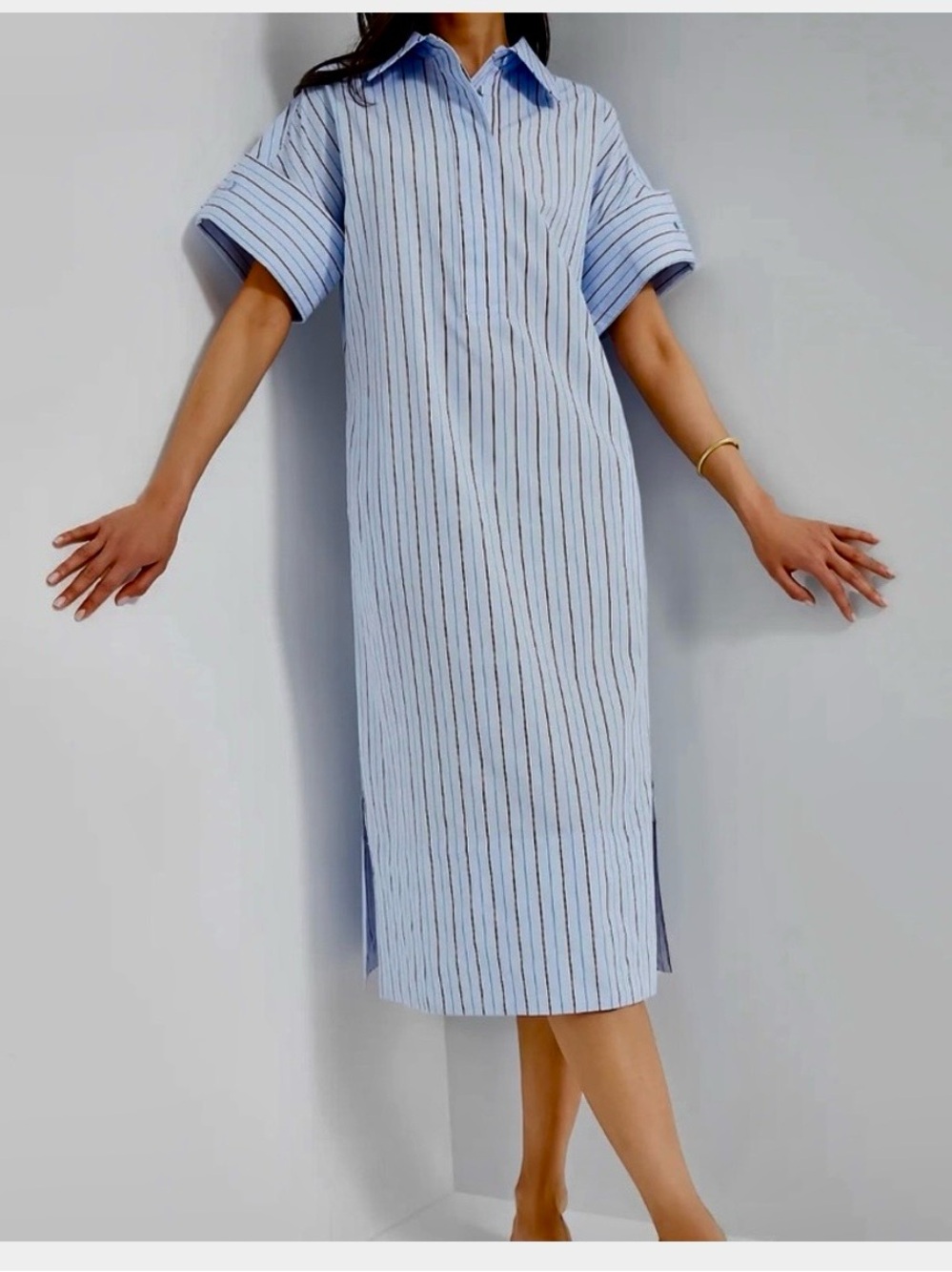 Pomander Place Reina Light Blue Shirt with Red & Navy Pinstripes